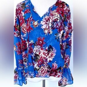 Elie Tahari Blue Red Blossom Blouse Size Small Chiffon